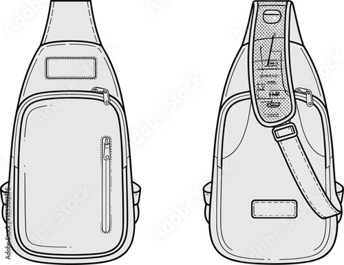 Sling bag vector illustration technical drawing front and back view crossbody backpack sketch fashion design template isolated on white background