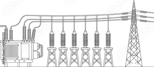 Vector line illustration of high voltage electrical substation transformer connected to transmission tower for power grid infrastructure design