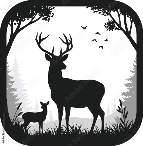 Stag and fawn in forest silhouette, black and white vector illustration for wildlife storytelling, nature themes, and editorial ecosystem content