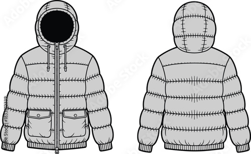 Technical vector sketch of quilted hooded puffer jacket showing front and back views for winter apparel design templates and fashion mockups