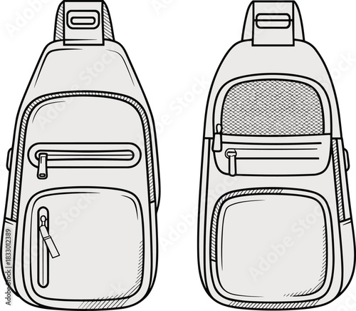Vector technical sketch of crossbody sling bag showing front and back views for travel backpack design templates and fashion mockups