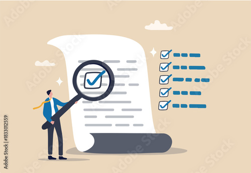 Inspect or review document, report or legal audit, quality assurance, search for document, information or research, investigate, proof or checking concept, businessman with magnifier inspect document.