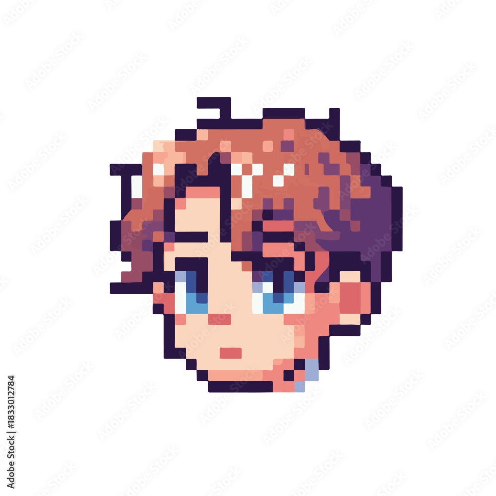 Fototapeta premium Charming pixel art avatar of a young man's face, featuring bright blue eyes and textured brown hair. This retro-style digital portrait is ideal for unique online profiles, gaming, or app icon design