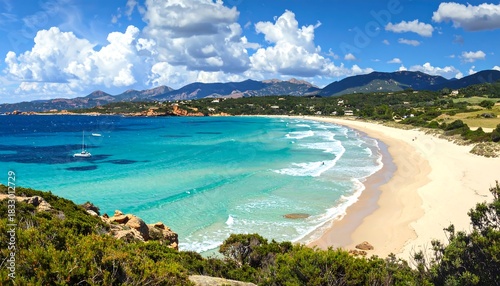 Idyllic coastline landscape, azure sea, sandy beach, blue sky, white clouds in Sardinia