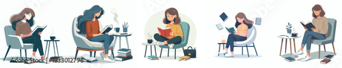 vector of a female student sitting on chair reading a book