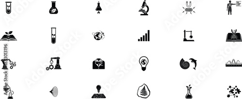Education and science glyph icon set. including Atom, Molecule, Chemistry Beaker, Flask, Molecular Structure, Science Lab, Chemical Bond, Organic Compound, Formula. vector silhouette illustration.