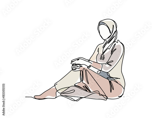 Flat Vector Portrait of a Woman Wearing a Hijab Sitting with Knees Pulled to Chest Warm Earthy Tones Gentle Shadows Minimalist Line Art Style