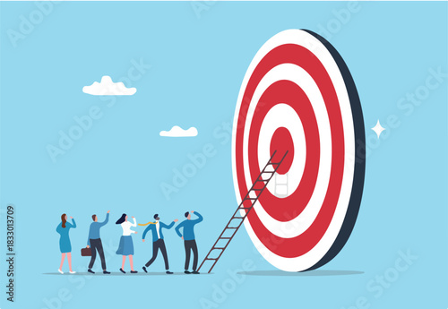 Climb corporate ladder to achieve career target, stair to reach work success, employee career path winning steps or achievement concept, business people employee queue to climb ladder to reach target