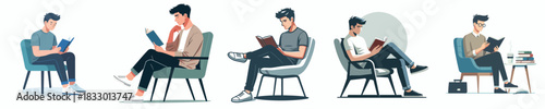 vector of a male student sitting reading a book