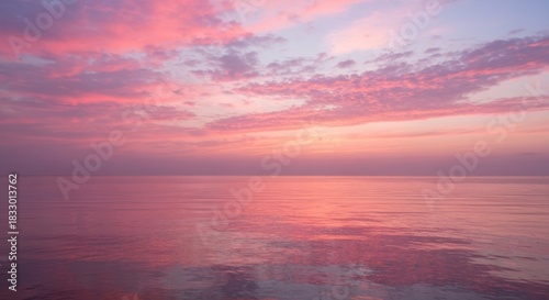 Pink sunset over calm water; soft clouds