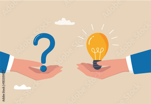 Question and answer, solving problem or business solution, ask for reply or idea to solve difficulty and trouble, FAQ concept, businessman hand holding question mark with other reply with lightbulb