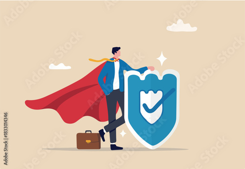 Security safety, protection or shielding insurance, privacy protect, defense from cyber attack, safeguard, guarantee or threats control concept, businessman superhero holding strong protection shield