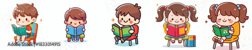vector of a little student sitting reading a book