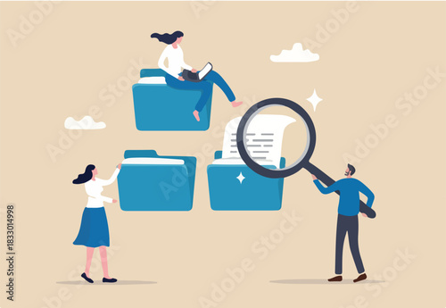 Document, content or research paper, documentation file folder storage, report or paperwork, search or file archive, office contract concept, business people working with paper document file folder