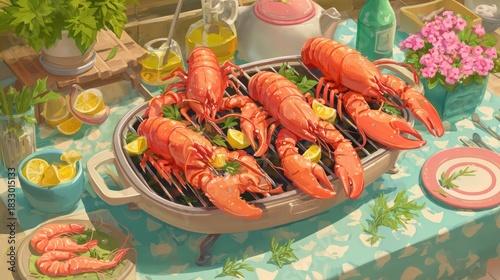 Wallpaper Mural Grilled Lobsters on Barbecue with Fresh Herbs and Lemons Torontodigital.ca