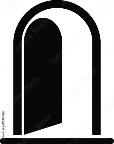 A minimalist black and white icon of an open arched doorway