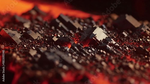 Vibrant colors emerging as molten metal solidifies into crystalline form with Close up of molten metal solidifying; effect Molten Metal Textures style featuring molten metal, solidification