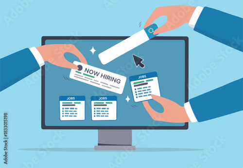 Job posting on recruitment website, employment or career opportunity online, HR or human resource offer help wanted or hiring position vacancy, HR hand posting job vacancy on online career website
