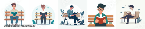 vector of a male student sitting on bench reading a book