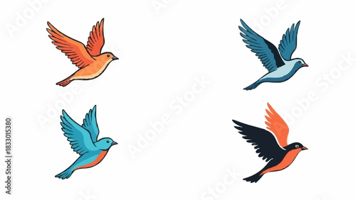 Set of Colorful Birds in Flight Vector Illustration for Design and Decoration