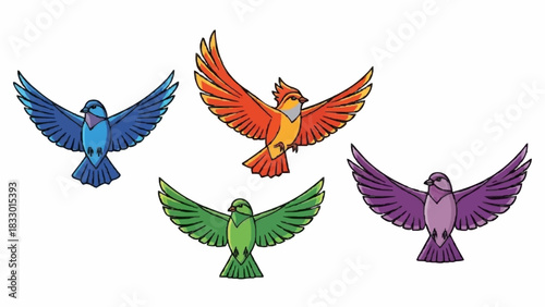 A flock of four colorful cartoon birds flying with outstretched wings against a white background, symbolizing freedom and nature
