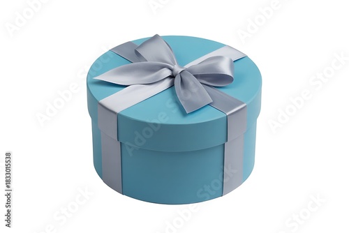 Elegant round blue gift box with silver ribbon and bow