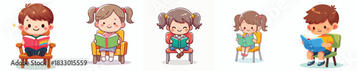 vector of a little student sitting reading a book