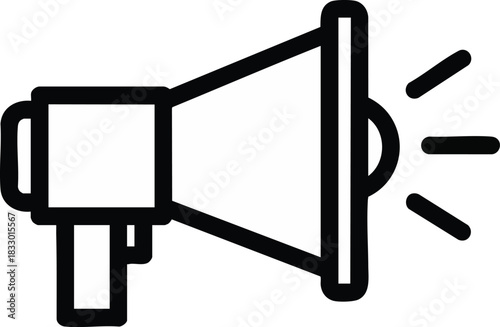 Black outline icon depicting a megaphone broadcasting sound waves