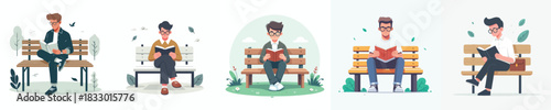 vector of a male student sitting on bench reading a book