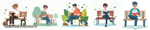 vector of a male student sitting on bench reading a book