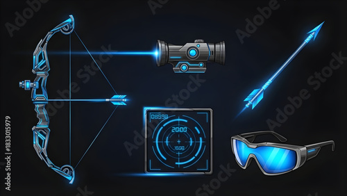 Futuristic Cyberpunk Weaponry Set Bow, Scope, Arrow, Display, and Glasses on Dark Background