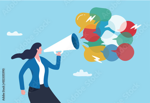 Speak out, voice or message to communicate, dialogue or debate conversation, talk or shout message, advice or announcement concept, businesswoman talk on megaphone with speech bubble voice message