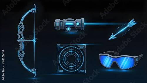 Futuristic Archery Set Bow, Laser Sight, Targeting, and Goggles in Modern Blue Design