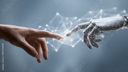 Human Hand Reaching Toward Robotic Hand with Digital Connection Concept