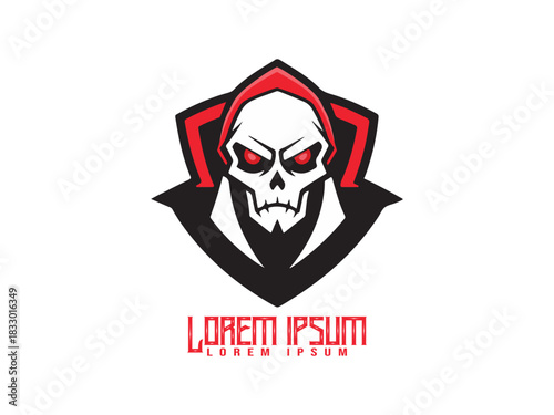 Hooded Skull Logo with Red Eyes and Bold Typography