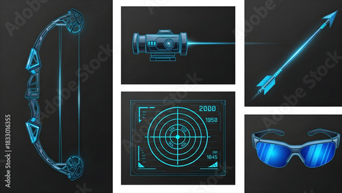 Futuristic bow and arrow set with targeting scope and goggles on dark background