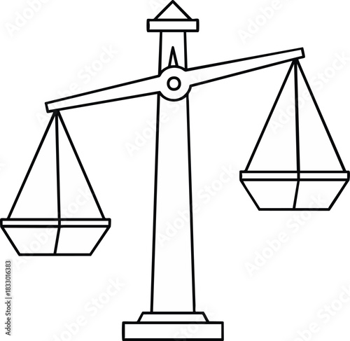 Unbalanced traditional justice scales depicted in black and white line art