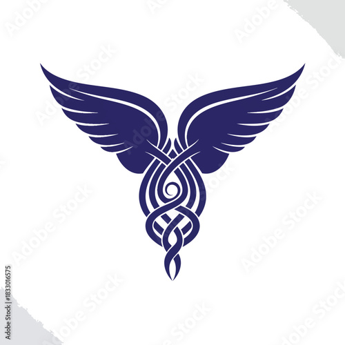 Striking blue vector graphic featuring stylized wings and an intricate Celtic knot design, perfect for emblem or tattoo use