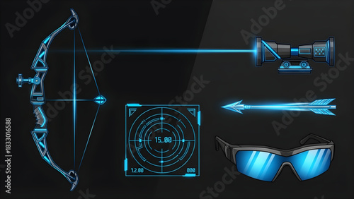 High-tech archery equipment and augmented reality display concept, showcasing futuristic weapon accessories with a vibrant blue glow for digital warfare or sport