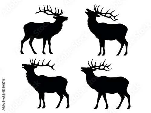 Four black silhouettes of elk with large antlers stand on a white background, showcasing their majestic forms.
