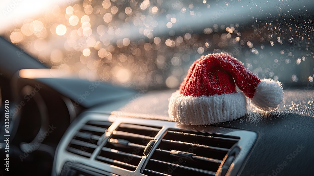 Fototapeta premium Christmas Hat on Car Dashboard with Bokeh Background Effect