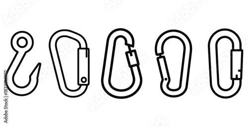 Set of Industrial Hooks and Carabiner Icons: Climbing, Safety, and Lifting Equipment