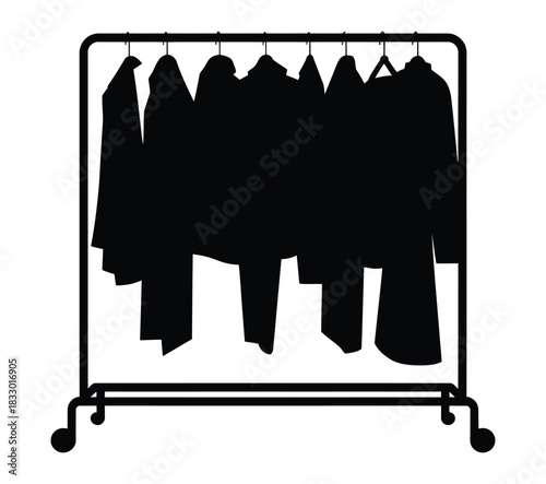 Black Silhouette of Rolling Clothes Rack with Hanging Coats Vector