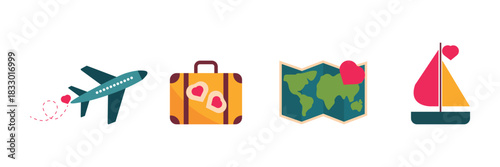 Travel Icons with Heart Motifs and Adventure Symbols