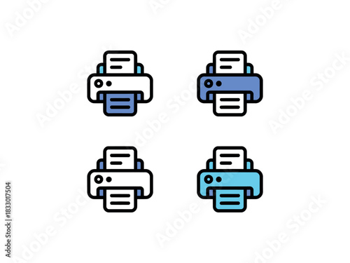 A collection of four stylized icons representing printers, each with slightly varied color accents.