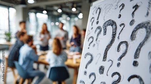 Group Discussion with Question Marks on Board in Modern Office Setting