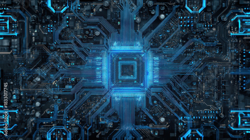 Cybernetic Nexus: An intricately detailed circuit board glows with cool blue light, emphasizing the interconnectedness and technological prowess. showcasing the heart of modern data processing.