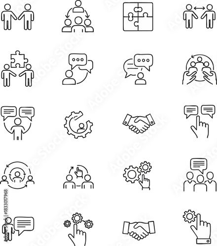 Business collaboration and communication icon set featuring teamwork, partnership, problem-solving, and idea exchange