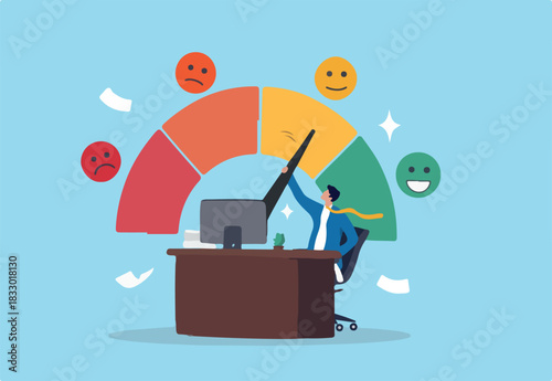 Job satisfaction, work environment wellbeing, office quality happiness, work life balance score rating, career growth or workload concept, businessman working at office desk with satisfaction rating