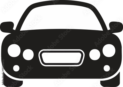 Black silhouette icon of a modern passenger car viewed from the front, isolated on a white background
